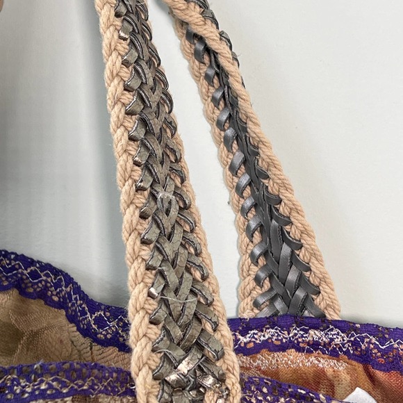 Upcycled Tote Market Bag Denim Lace Remnants Large Shopping Crafts Boho Artist - Picture 6 of 9